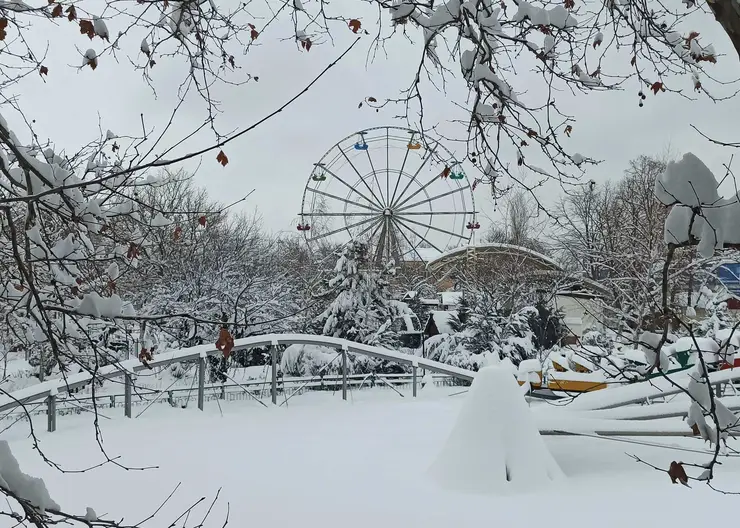 Несмотря на засыпанный снегом парк, многие жители нашего города пришли с детьми погулять по его зимним аллеям