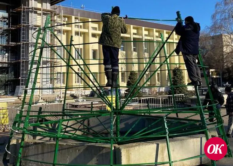 На площади ДК приступили к установке главной новогодней елки