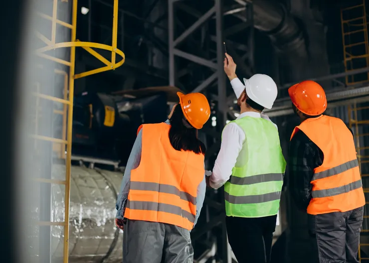 three-factory-workers-safety-hats-discussing-manufacture-plan